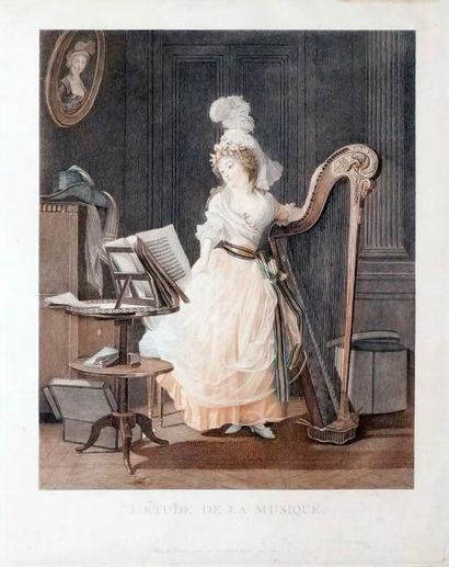 Ecole FRANCAISE vers 1800 L'ÉTUDE DE LA MUSIQUE Gravure en couleurs éditée par Augustin...