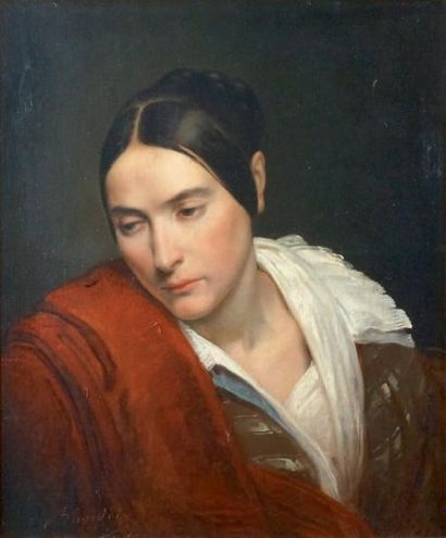 Merry-Joseph BLONDEL - 1781-1853 PORTRAIT DE FEMME À LA ROBE ROUGE, vers 1840 Huile...