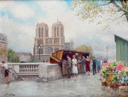 L. NOIREAUT - 1890-1960 PARIS, LES BOUQUINISTES ET NOTRE-DAME Huile sur panneau,...