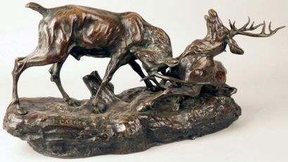 Thomas François CARTIER - 1879-1943 COMBAT DE CERFS Épreuve en bronze à patine brun...
