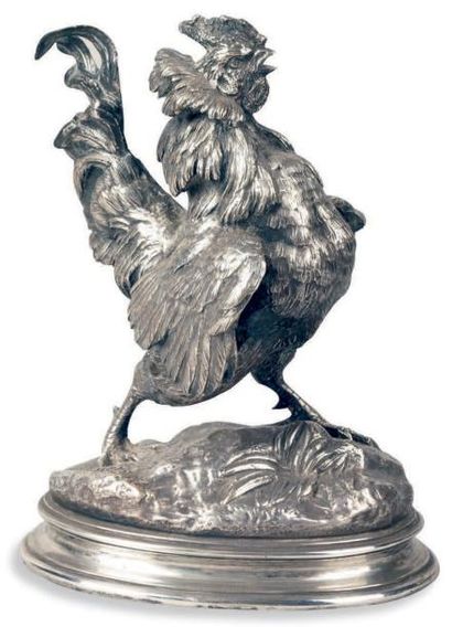 Jules MOIGNIEZ - 1835-1894 LE COQ Ancienne épreuve d'édition en bronze argenté, signée....