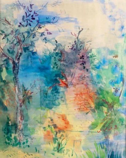 Jean DUFY - 1877-1953 LE JARDIN AU PRINTEMPS Aquarelle, signée en bas à gauche. 56...