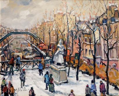 Charles MALLE - né en 1935 PARIS, LE CANAL SAINT-MARTIN, LA GRISETTE Huile sur toile,...