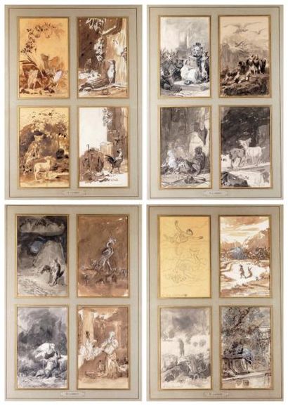 Louis-Eugène LAMBERT - 1825-1900 LES FABLES DE LA FONTAINE Suite de seize dessins...