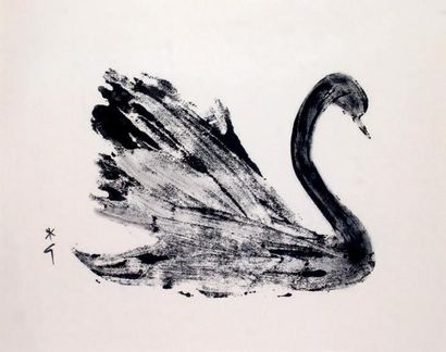 René GRUAU - 1909-2004 LE CYGNE Encre de Chine, signée du monogramme à gauche. 37...