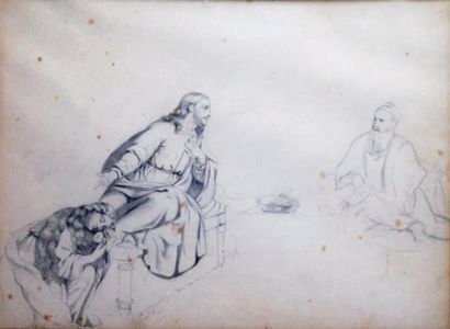 Gustave DORÉ - 1832-1883 MARIE PARFUMANT LES PIEDS DU CHRIST CHEZ LAZARE Dessin à...