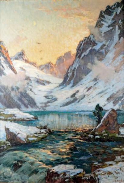 Alexandre NOZAL - 1852-1929 LAC DE MONTAGNE AU SOLEIL COUCHANT Huile sur toile, signée...