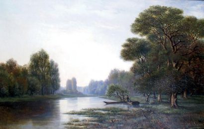 Louis CAILLOU-LEGENDRE - né en 1820 à Lisieux PÊCHEURS SUR L'ÉTANG DANS LA FORÊT,...