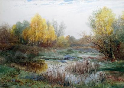 Auguste ALLONGÉ - 1833-1898 PETITE RIVIÈRE À L'AUTOMNE Aquarelle et gouache, signée...