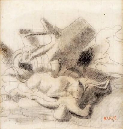 Antoine Louis BARYE - 1796-1875 LIONNE ATTAQUANT UN HOMME Crayon sur papier, signé...