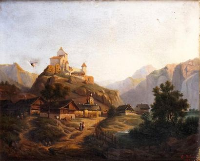 E. BELPECHE, école suisse du XIXe siècle LE CHÂTEAU FORT, 1845 Huile sur toile signée...