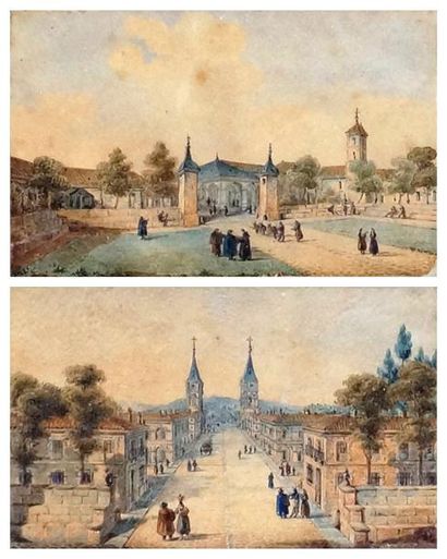 École ESPAGNOLE du XIXe siècle VUES D'ARCHITECTURES ANIMÉES Paire d'aquarelles. 9,5...
