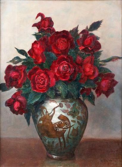 Louis-Rodolphe DEFONTAINE - 1878-1962 VASE DE ROSES Huile sur toile signée en bas...