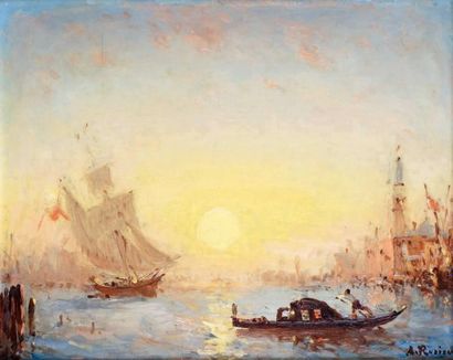 Amédée ROSIER - 1831-1898 VENISE, LEVER DE SOLEIL SUR LE GRAND CANAL Huile sur panneau...