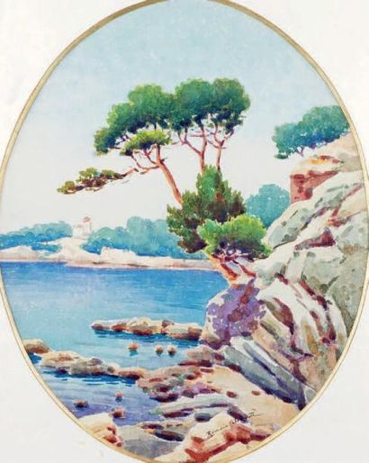 Romain JOUVEN - 1874-1929 RIVAGE MÉDITERRANÉEN Aquarelle dans un format ovale signée...