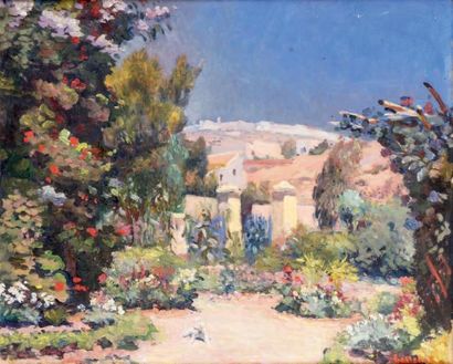 Félix BELLENOT - 1892-1963 PETIT CHIEN DANS UN JARDIN MAROCAIN Huile sur panneau...