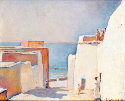 Félix BELLENOT - 1892-1963 VILLAGE MAROCAIN EN BORD DE MER, 1932 Huile sur panneau...