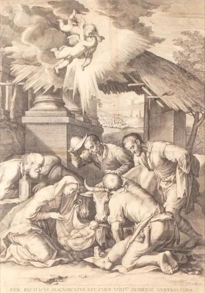 D'après Jacopo BASSANO - 1515-1592 ADORATION DES BERGERS Burin et pointe sèche d'époque...