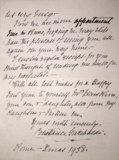 null Lettre autographe de voeux de Constance Garibaldi, veuve de l'homme politique,...