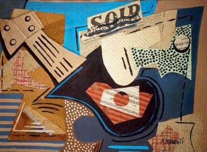 Antonio HUBERTI - 1907-2000 LA GUITARE Collages et gouache signés en bas à droite....