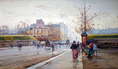 Eugène GALIEN-LALOUE - 1854-1941 PARIS, LE MARCHÉ AUX FLEURS Gouache signée "Liévin"...