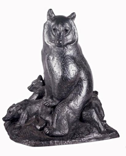 Georges GUYOT - 1885-1973 OURS ET SES PETITS, vers 1962 Groupe d'édition en bronze...