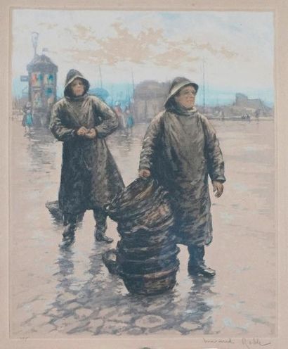 Manuel ROBBE - 1872-1936 LES PÊCHEURS Aquatinte signée. 43 x 31