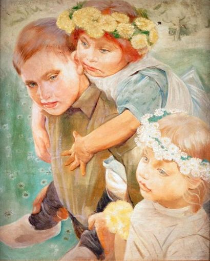 Paul RINK - 1861-1903 LES ENFANTS AU PRINTEMPS Huile sur toile. 49,5 x 10,5