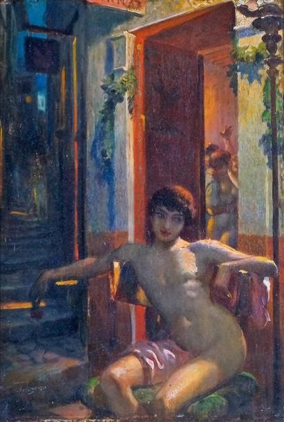 Georges ROCHEGROSSE - 1859-1938 LE HAREM Huile sur panneau signée en bas à gauche....