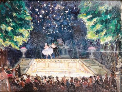 Henry TENRE - 1864-1926 BALLET DANS LE PARC LA NUIT Huile sur panneau signée en bas...