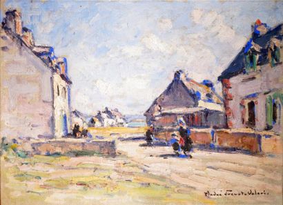 André PRÉVOT-VALERI - 1890-1959 LE VILLAGE DE SAINTE GUÉNOLÉ DANS LE FINISTÈRE Huile...