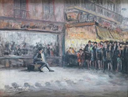 Édouard FEBVRE - 1885-1967 L'ACCORDÉONISTE Pastel et fusain signés en bas à gauche....