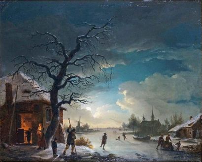 Attribué à Andries VERMEULEN (1763-1814) Patineurs sur un lac gelé au clair de lune...