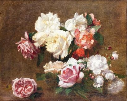 Victoria FANTIN-LATOUR - 1840-1926 LES ROSES, 1892 Huile sur toile signée V. DUBOURG...
