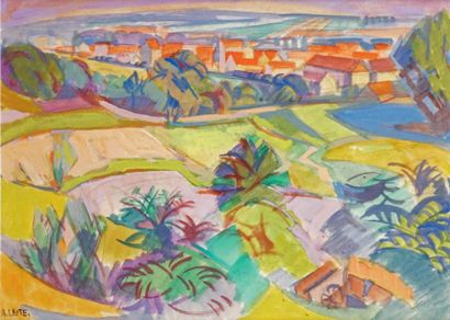 André LHOTE - 1885-1962 VILLAGE DU SUD DE LA FRANCE, 1942 Gouache et aquarelle signées...