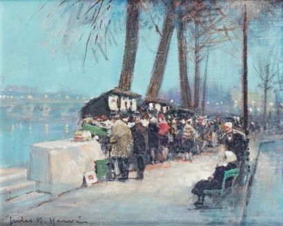René Jules HERVÉ - 1887-1981 PARIS, LES BOUQUINISTES Huile sur toile signée en bas...