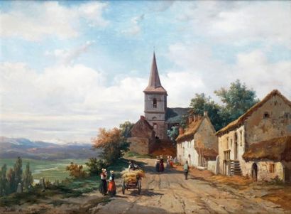 Justin OUVRIÉ - 1806-1879 CHARRETTE À L'ENTRÉE DU VILLAGE Huile sur toile signée...