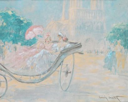 Louis ICART - 1888-1950 PARIS, CALÈCHE DEVANT NOTRE-DAME Huile sur toile signée en...