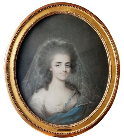 Ecole FRANÇAISE, vers 1780 PORTRAIT DE JEUNE FEMME AU FICHU DE DENTELLE Pastel ovale....