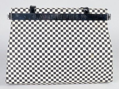 Karl LAGERFELD SAC À MAIN CABAS à deux anses porte-main en toile damier, métal argenté...