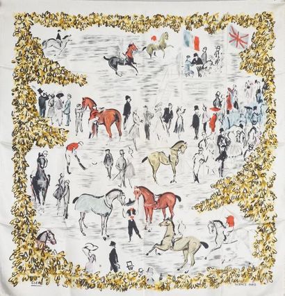 HERMES Paris CARRÉ en soie imprimée à décor de courses de chevaux signé CLERC