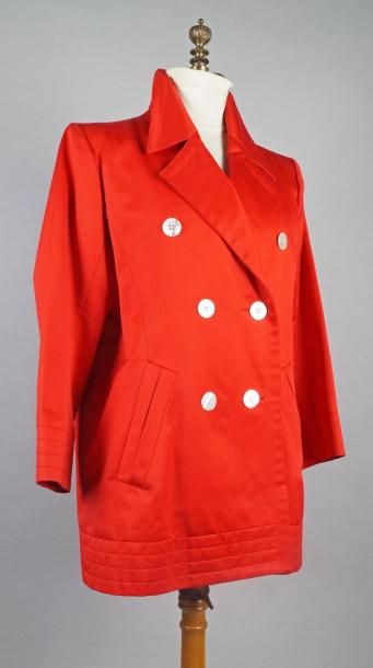 Yves Saint-Laurent Rive Gauche VESTE CROISÉE à col cranté en satin de coton rouge,...