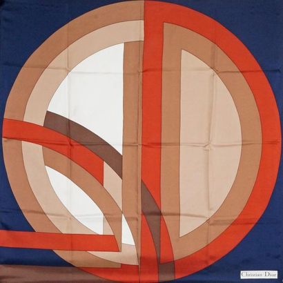 CHRISTIAN DIOR CARRÉ en soie imprimée à décor de cercles sur fond bleu