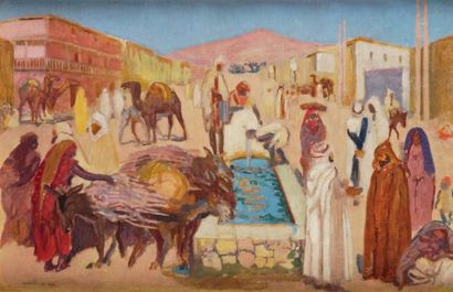 Maurice DENIS - 1870-1943 ABREUVOIR À BISKRA, 1921 Huile sur panneau signée en bas...