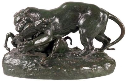 Antoine-Louis BARYE - 1795-1875 TIGRE SURPRENANT UNE ANTILOPE Ancien groupe en bronze...