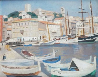 Robert LOTIRON - 1886-1966 LE PORT DE CANNES, avril 1930 Huile sur toile signée en...