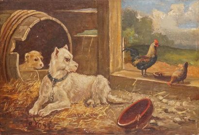 Vincent DEVOS (1829-1875) CHIENS ET POULES Huile sur panneau d'acajou signée en bas...