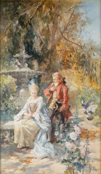 Vicente de PAREDES (1845-1903) GENTILHOMME CONTANT FLEURETTE DEVANT UNE FONTAINE...