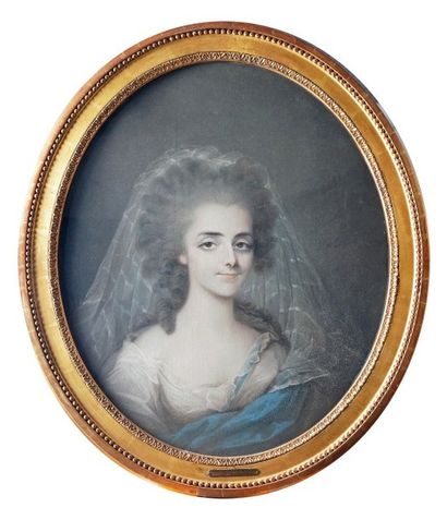 Ecole Francaise vers 1780 PORTRAIT DE JEUNE FEMME AU FICHU DE DENTELLE Pastel ovale....