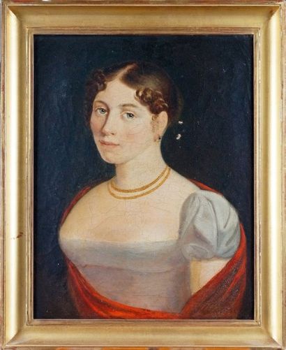 ECOLE FRANÇAISE début du XIXe siècle PORTRAIT DE FEMME EN ROUGE Huile sur toile d'origine....